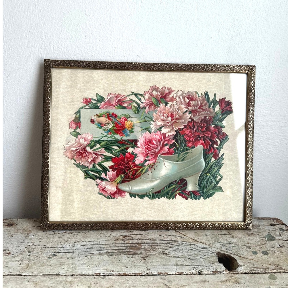 Antique‎ Victorian Style Die Cut Print Carnations Ladies Shoe Floral Scrap